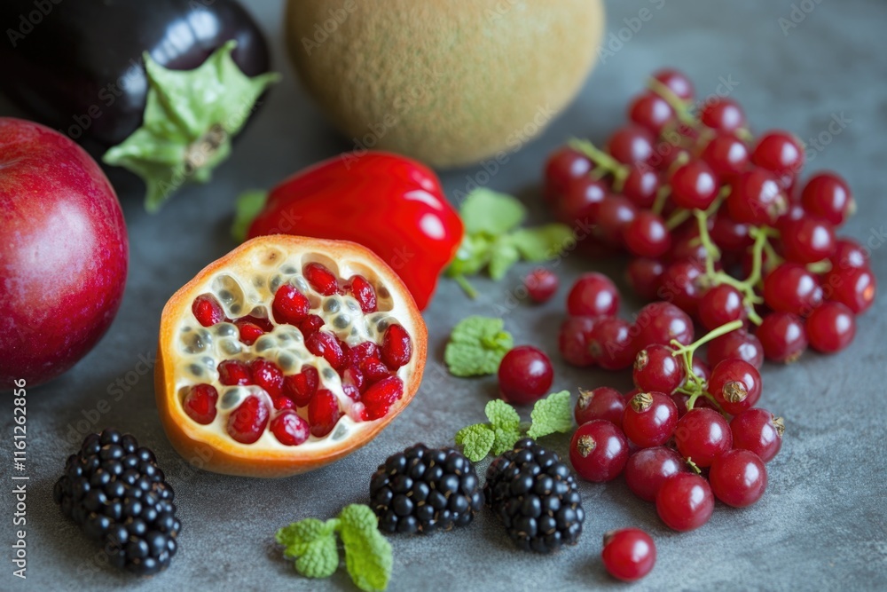 Poster A colorful array of fresh fruits and vegetables arranged on a table