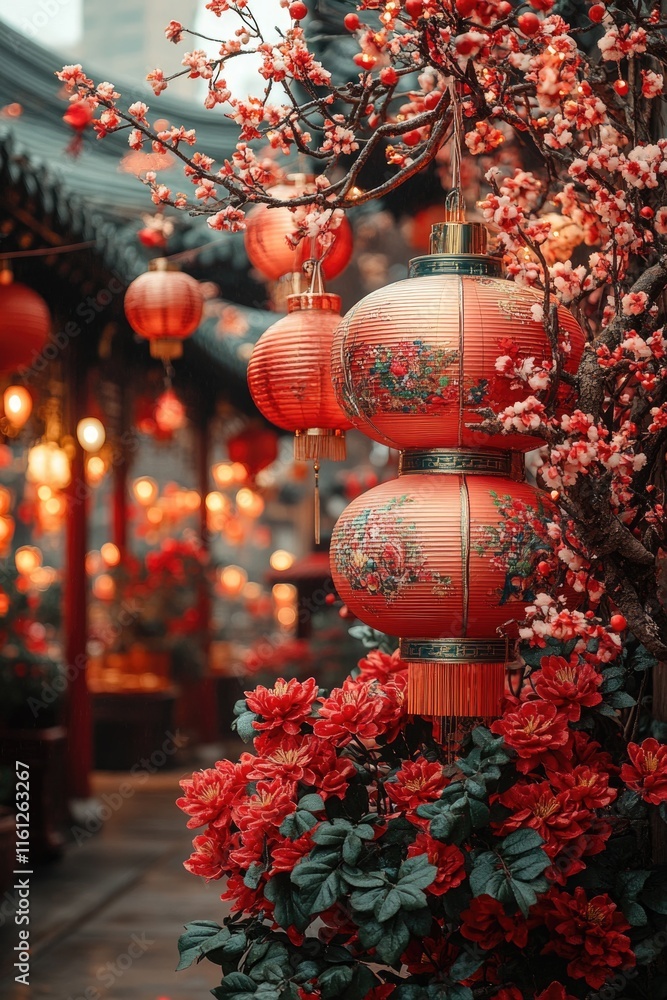 Poster A cluster of red lanterns suspended from a tree branch, adding warmth and ambiance to the surrounding environment