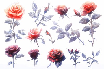 Beautiful watercolor roses with leaves and buds on white background