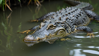 Fototapeta premium Close-up of a crocodile in its natural habitat, symbolizing wildlife conservation and environmental protection, copy space