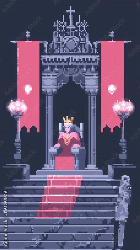 Poster A vibrant 8-bit pixel art of a glowing pixelated queen wearing a golden crown, standing in a pixelated throne room surrounded by glowing banners and sparkling chandeliers, set on a pastel lavender 