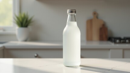 A frosted glass bottle with a metal cap stands on a marble countertop with soft natural light coming in through a window, creating a serene kitchen setting