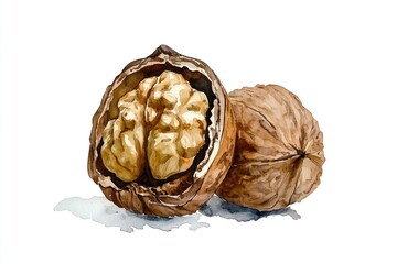 Fototapeta premium A illustration of a walnut fruit and its shell, useful for educational or design purposes