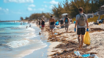 Community gathers to clean beach while enjoying sunny day by the ocean