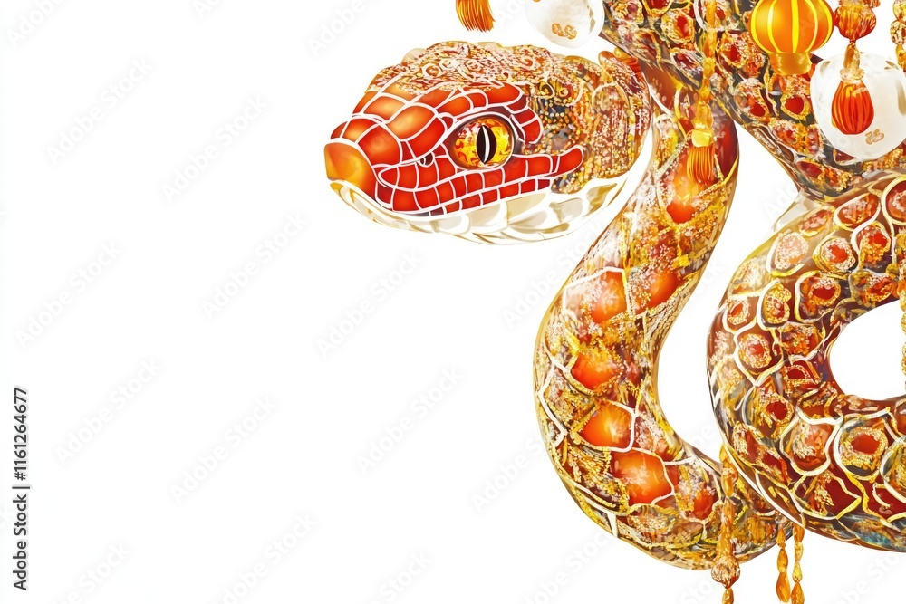 Poster a snake statue with vibrant red and yellow design, perfect for decorative use or editorial purposes