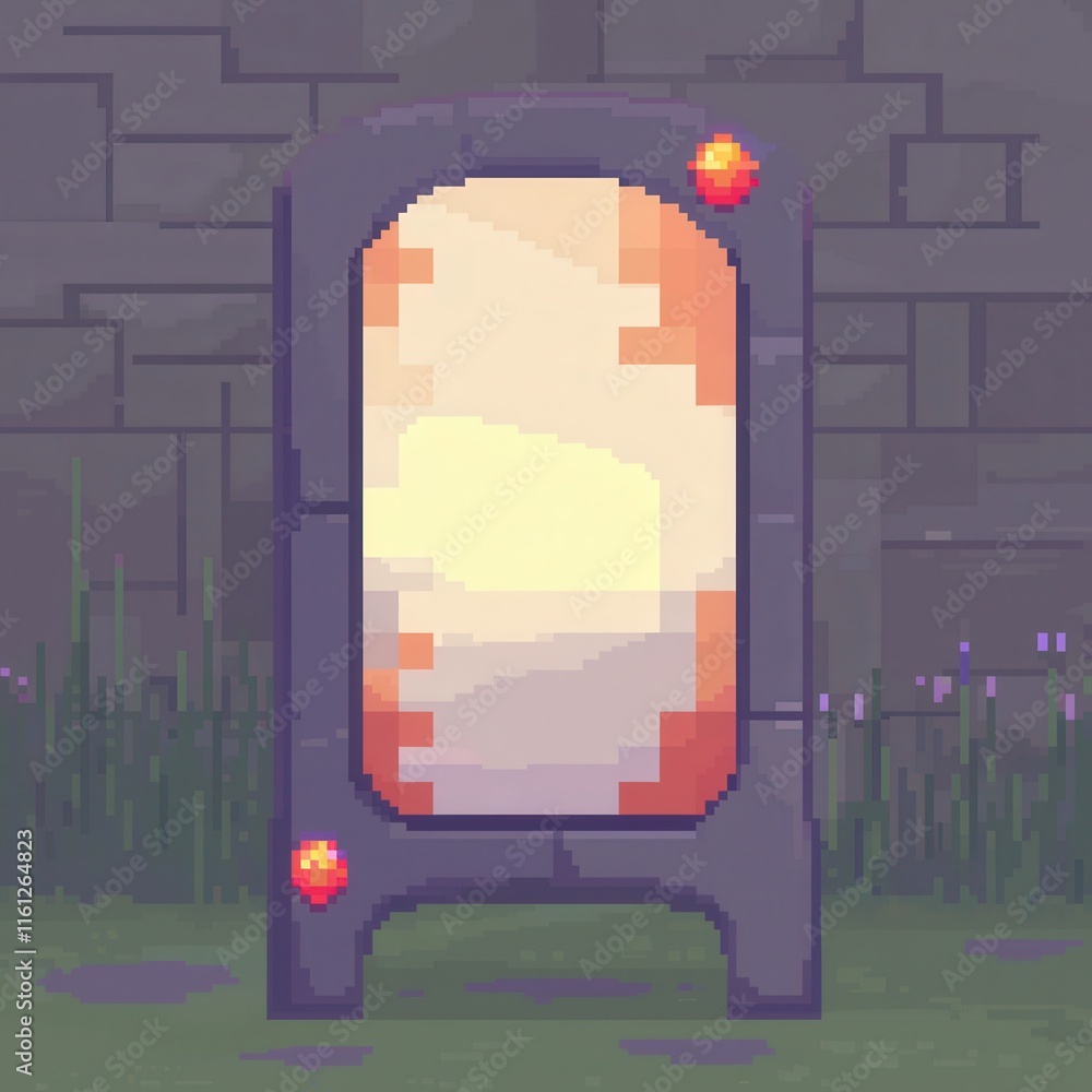 Wall mural An intricate 8-bit pixel art of a glowing pixelated magic mirror framed with glowing jewels and surrounded by sparkling stars and pixelated roses, set on a pastel grey and lavender background. 