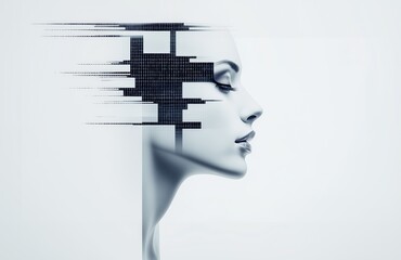 Futuristic Abstract Portrait of a Woman with Digital Glitch Effect and Binary Code Integration