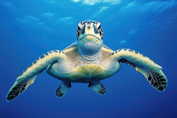 Obraz premium A sea turtle glides effortlessly through the pristine blue waters of the ocean, showcasing its vibrant shell and gentle movements in the midday light.