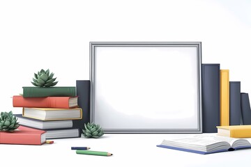 Blank Frame Surrounded by Books and Succulent Plants on White Background