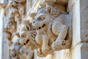 Carvings of fierce mythical creatures protrude from the walls of an old building, showcasing intricate details and craftsmanship. The sunlight enhances their textures and expressions.
