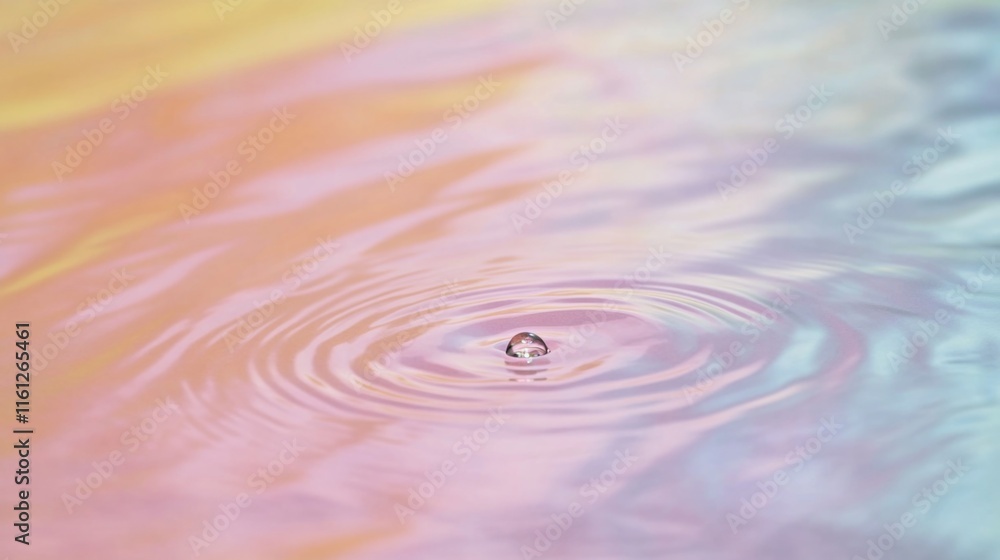 Poster a single water droplet sits on the surface of a calm pool of water, surrounded by ripples and reflec
