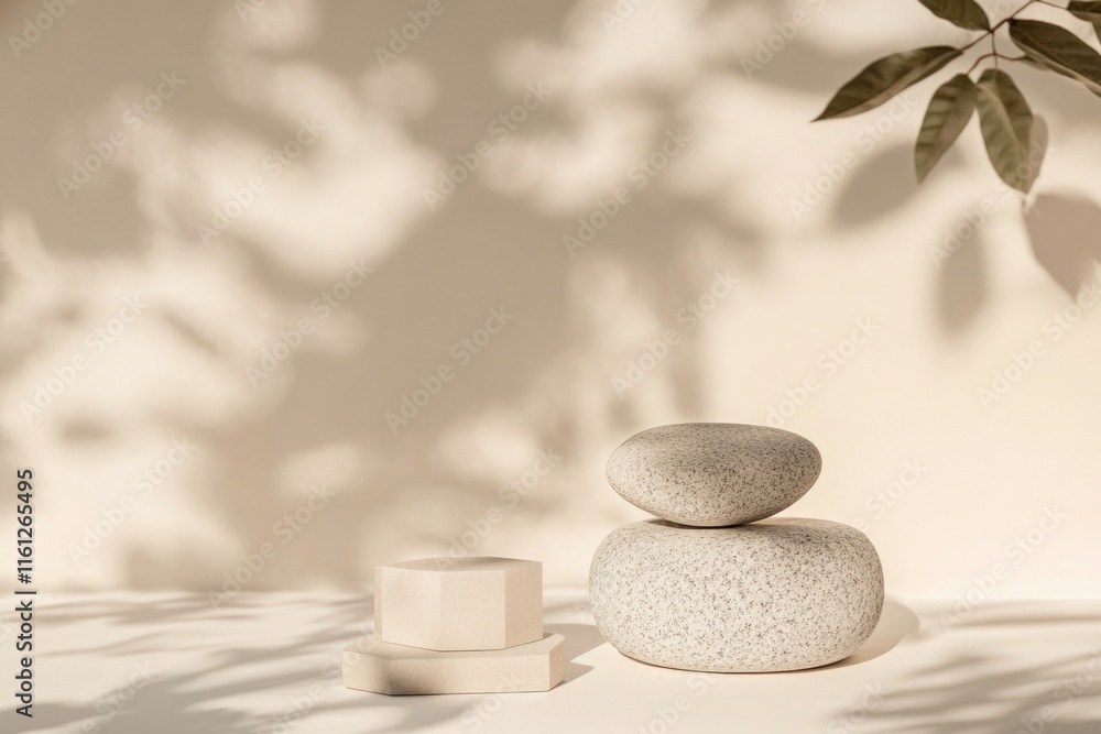 Poster A collection of rocks sits atop a smooth white table, offering a simple yet intriguing composition