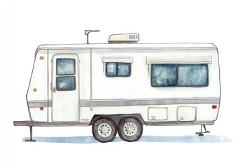 A colorful illustration of a camper trailer parked in a serene natural setting