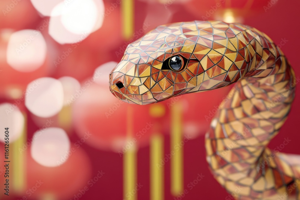Poster a close-up shot of a snake statue on a red background