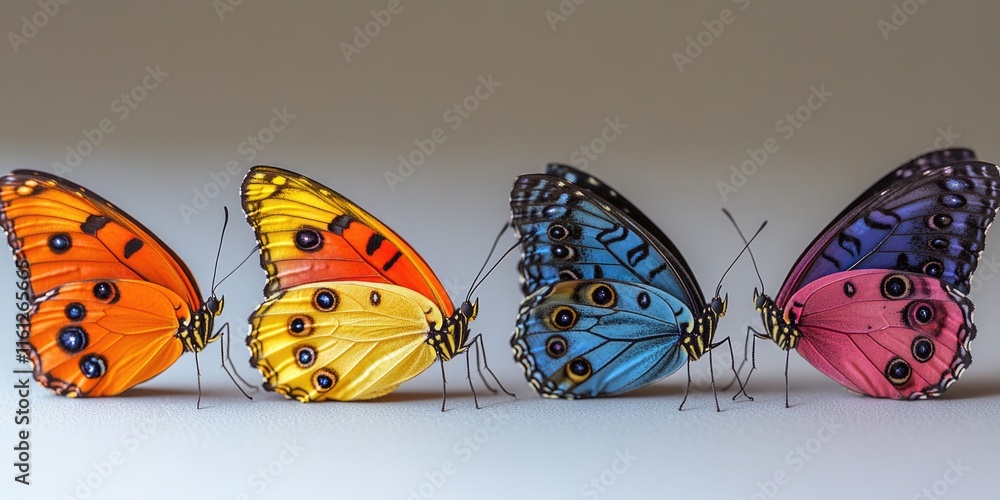 Poster a cluster of colorful butterflies perched on a clean white surface