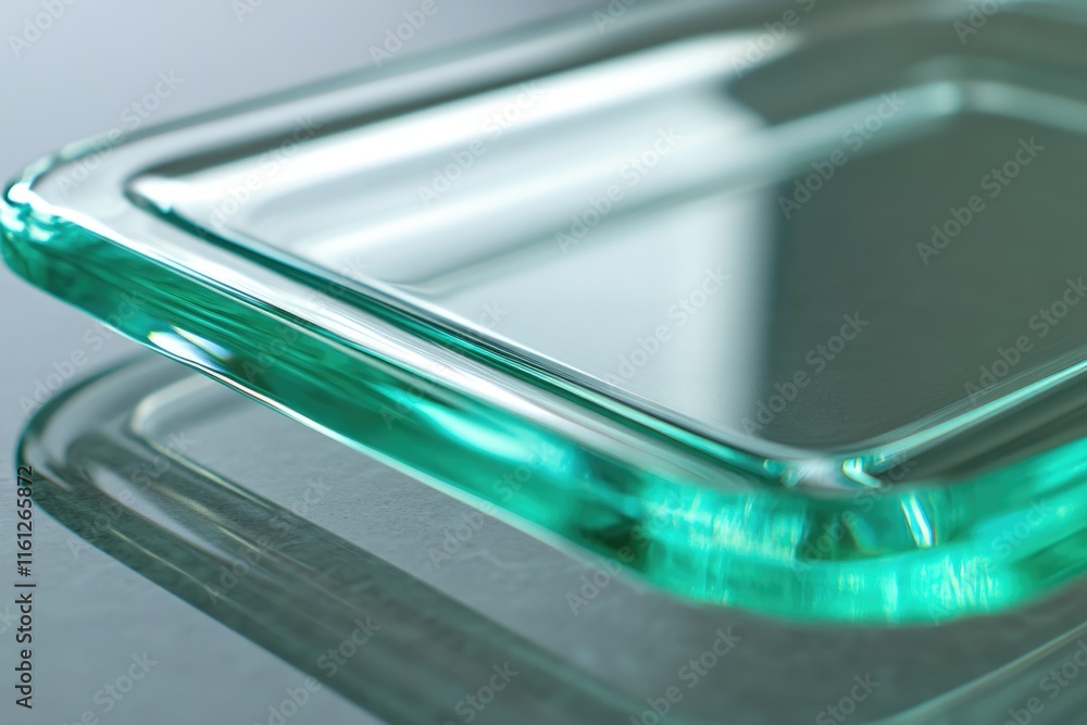 Poster a close-up view of a clear glass plate on a table surface