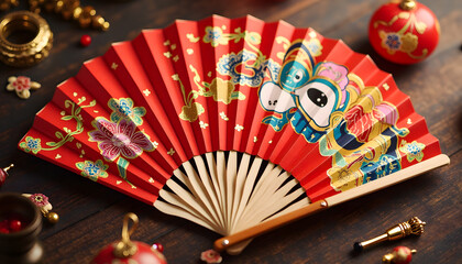 Decorative Chinese fan for Lunar New Year, vibrant designs, festive colors, cultural symbols, copy space