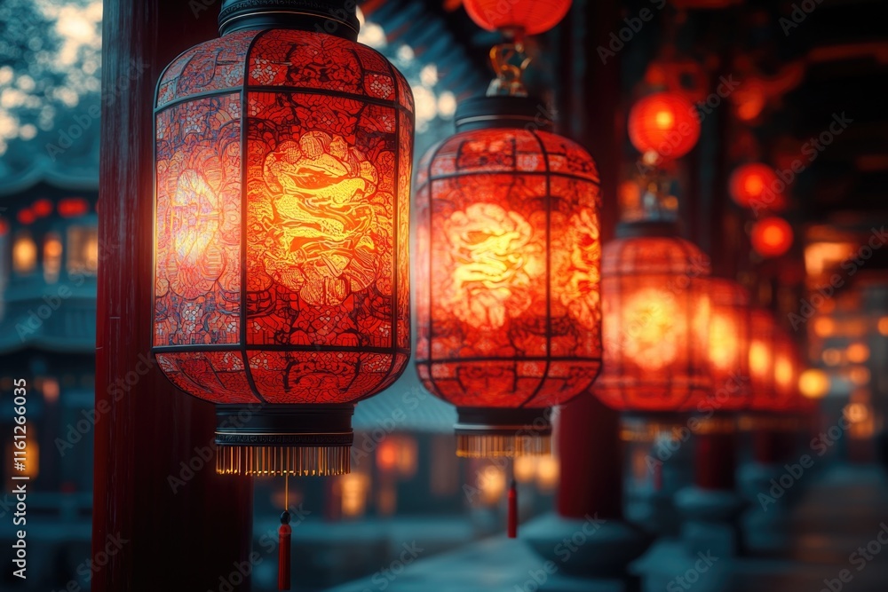 Poster a decorative display of red lanterns suspended above