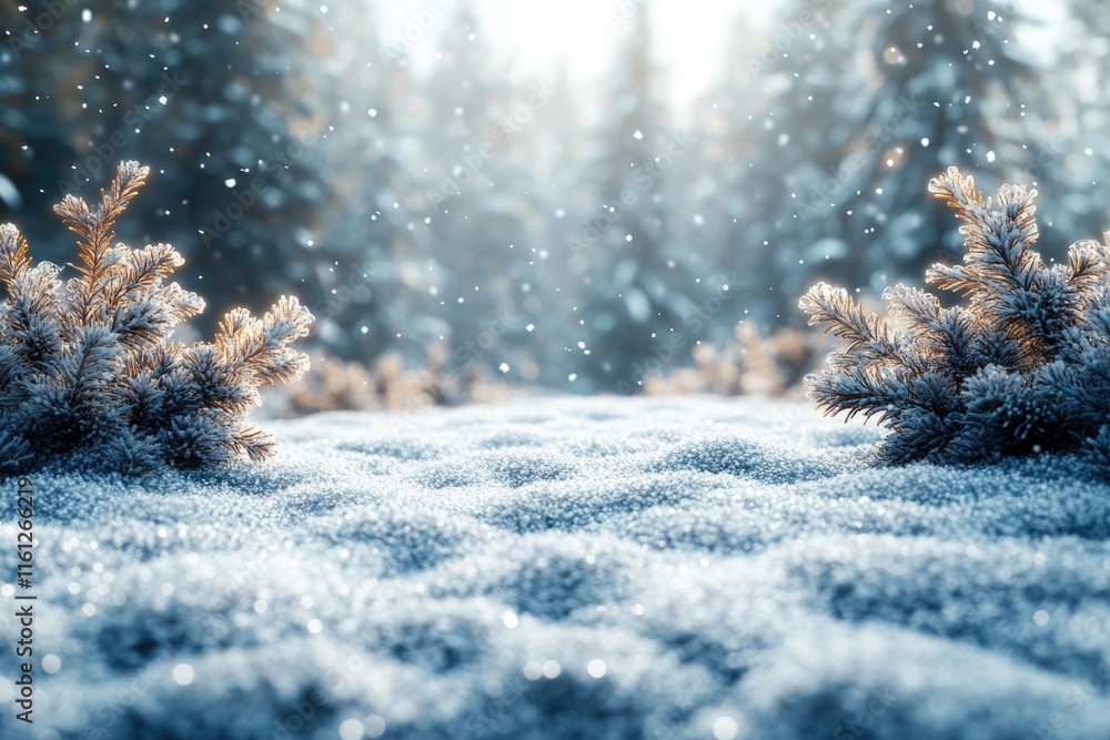 Poster winter landscape with snow-covered grass and pine trees in the background