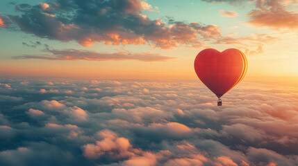 Fototapeta premium Heart shaped hot air balloon flying above the clouds at sunset. Abstract Romantic Banner. Valentine's Day Background. Love concept