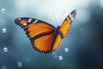 A butterfly flies through a window with water droplets on the glass