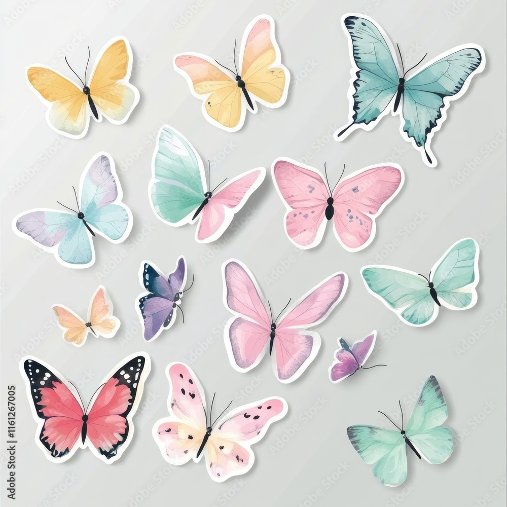 Wall mural a collection of colorful butterflies perched on a white surface, ideal for use in illustrations or d