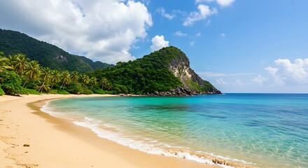 Obraz premium Serene tropical sandy beach with crystal clear turquoise water and lush green mountains, concept for travel brochure, vacation promotion and relaxation getaway