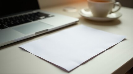 A cozy workspace featuring a laptop, a blank sheet of paper, and a steaming cup of coffee on a wooden desk by a sunlit window