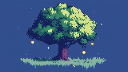 A charming 8-bit pixel art of a glowing pixelated tree with glowing lanterns hanging from its branches, surrounded by pixelated glowing mushrooms, sparkling stars, and a tiny glowing door at 