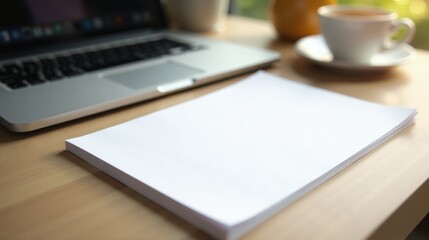 A cozy workspace featuring a laptop, a blank sheet of paper, and a steaming cup of coffee on a wooden desk by a sunlit window