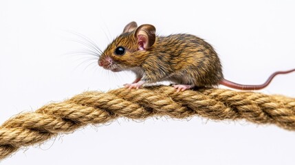 Obraz premium A small brown mouse perched on a rope against a white background.
