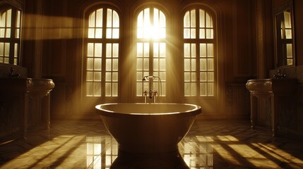 Obraz premium Sunlit Serenity: A Luxurious Bathroom bathed in Golden Light