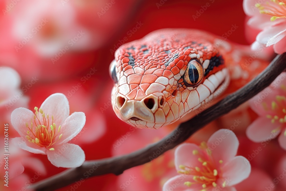 Poster a close-up shot of a snake coiled around a branch with vibrant flowers, ideal for use in nature or w