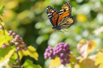 Obraz premium A monarch butterfly perches on a cluster of purple flowers, offering a glimpse into its natural habitat