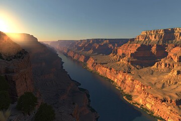 Fototapeta premium A stunning view of the Grand Canyon at sunset, showcasing its majestic cliffs and river.