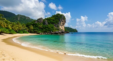 Obraz premium Serene tropical sandy beach with crystal clear turquoise water and lush green mountains, concept for travel brochure, vacation promotion and relaxation getaway