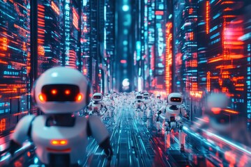 Small robots move purposefully through a bustling, neon-lit city with towering skyscrapers and flowing data streams, reflecting advanced technology and innovation.
