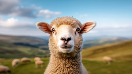 Obraz premium portrait of a sheep with woolly coat again blurred mountains background