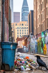 A crow stands near a trash-filled alley with a city skyline in the background.
