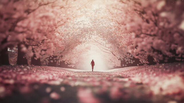 Illusreation of a person walking on a path made of blooming cherry blossoms under an archway of petals