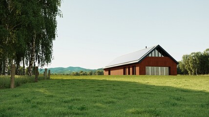 Exterior of modular barn house. 3d illustration © Alexuans