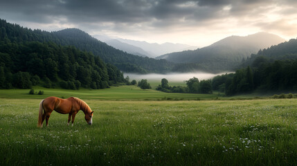 Beautiful brown horse stands in the field again mountains