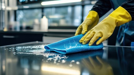 Cleaning action in a commercial kitchen professional environment focused viewpoint on sanitation