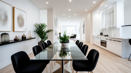 A modern dining room with a long glass-top table, chic black chairs, and minimalist decor accents