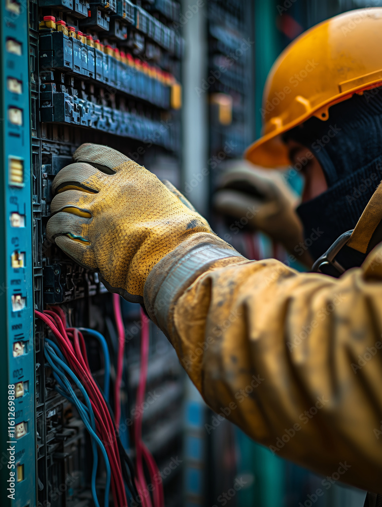 Poster electrician engages with panel wiring while ensuring safety and precision