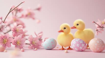 Fluffy yellow ducklings with pastel eggs and flowers on a spring morning