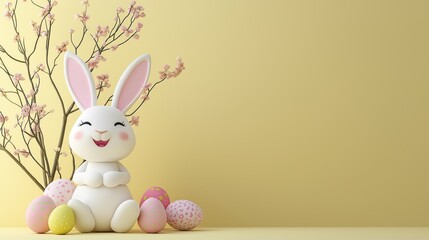 Cute cartoon-style white bunny happily sitting beside colorful Easter eggs in a cheerful spring setting