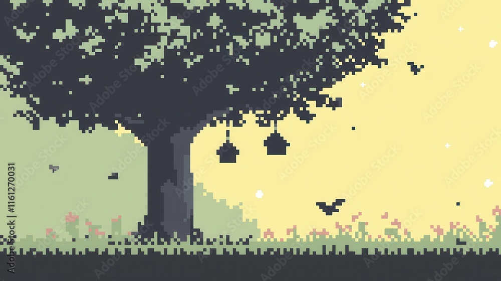 Canvas Prints A playful 8-bit pixel art of a glowing pixelated tree with pixelated glowing birdhouses hanging from its branches, surrounded by tiny pixelated birds and sparkling flowers under a pastel yellow 