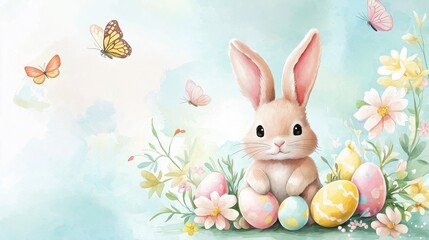 Fluffy cartoon-style bunny surrounded by colorful eggs and butterflies in a spring garden