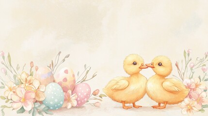 Cute cartoon-style watercolor illustration of two ducks surrounded by pastel-colored eggs and flowers in a spring setting